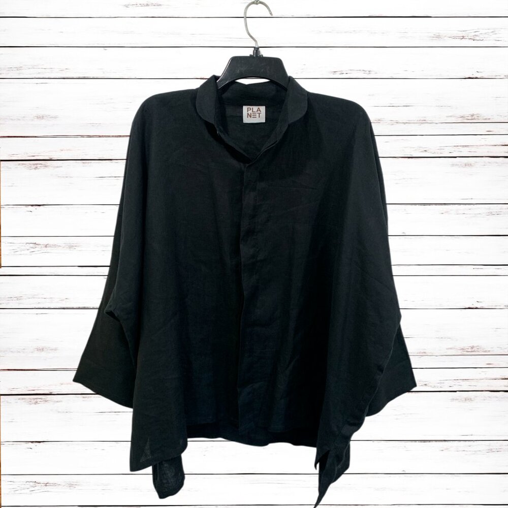 Planet Button Up Top One Size Minimalist Black 100% Linen Lagenlook